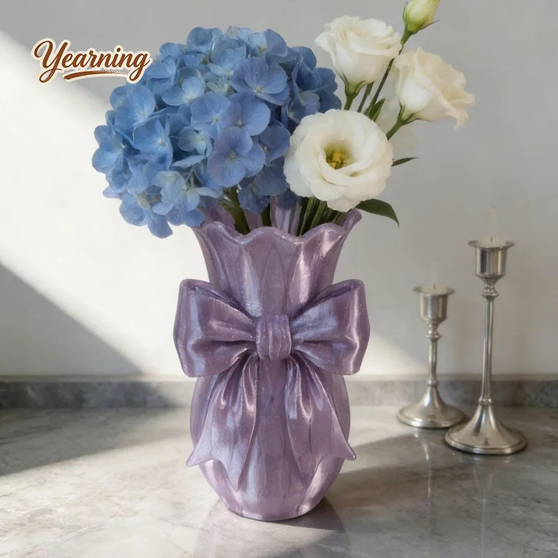 3D Printed Glitter Violet Bow Vase Flower Pot for Planting Home Decor Artistic Minimalist Ornament