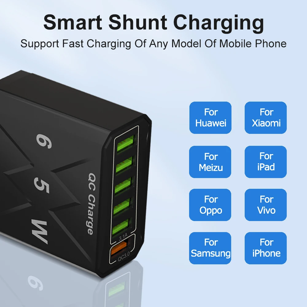 65W 6 Ports USB Fast Charger EU/US/UK Plug Quick Charge 3.0 For iPhone 14 13 Xiaomi Samsung Redmi K60 Travel Mobile Wall Charger image 4