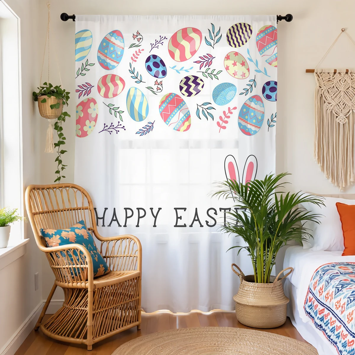 1 Pc Happy Easter Cute Egg Rabbit Sheer Curtain - Translucent, Light Reducing, Privacy Protection, Rod Pocket, for Living Room