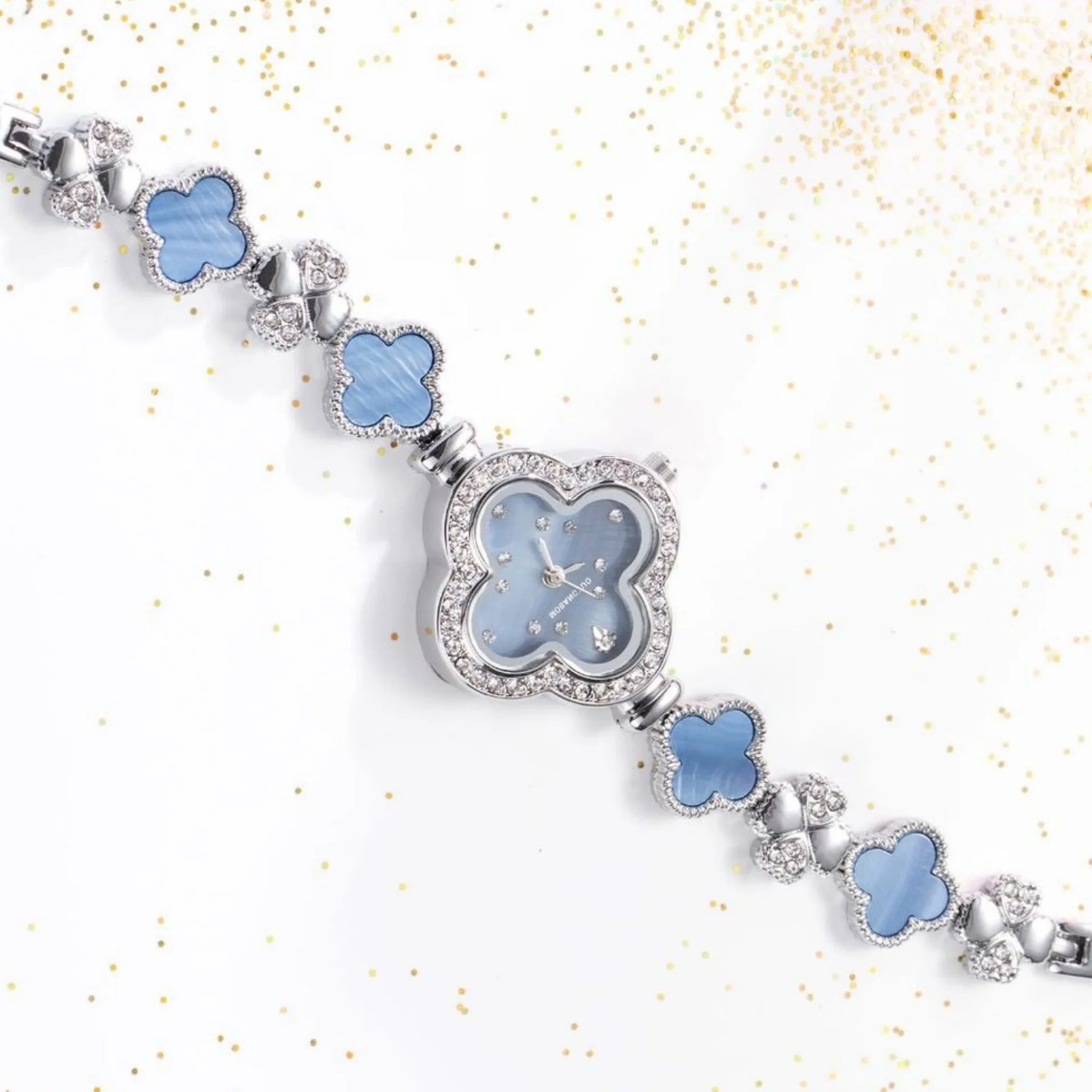 KAIRIS Women's Luxury Clover Watch Blue Shell Dial Crystal Bezel Silver Bracelet Quartz Wristwatch Jewelry Gift view 4