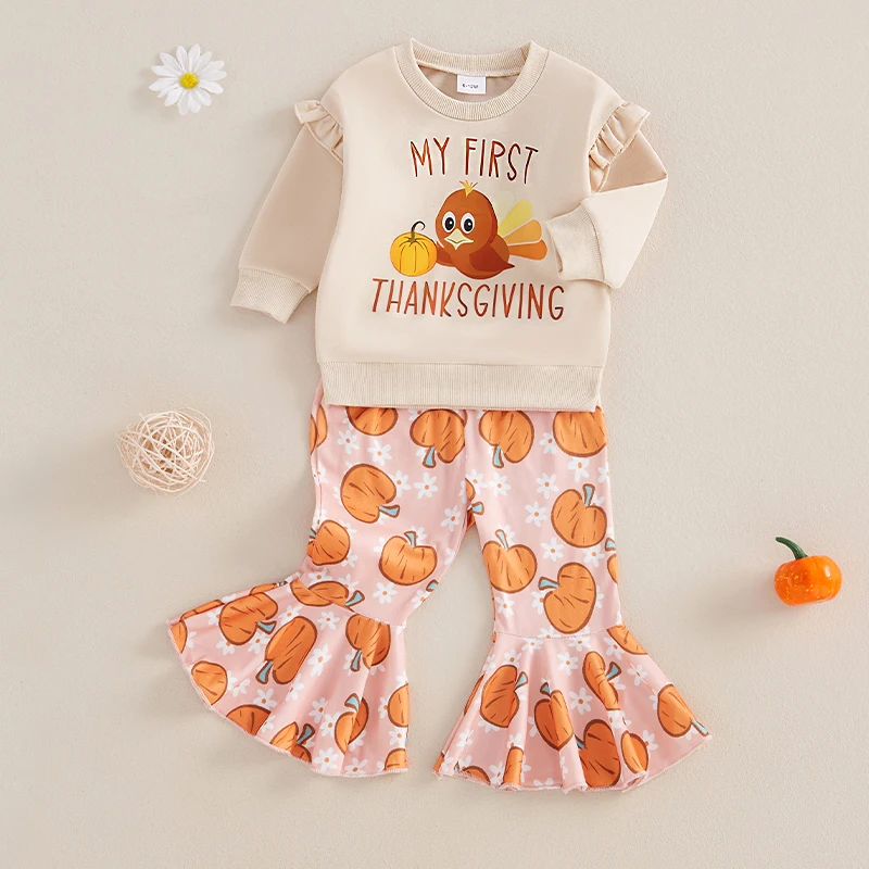 Toddler Girl Thanksgiving Outfits Letter Turkey Print Crew Neck Long Sleeve Sweatshirts Flare Pants 2Pcs Clothes Set image 4