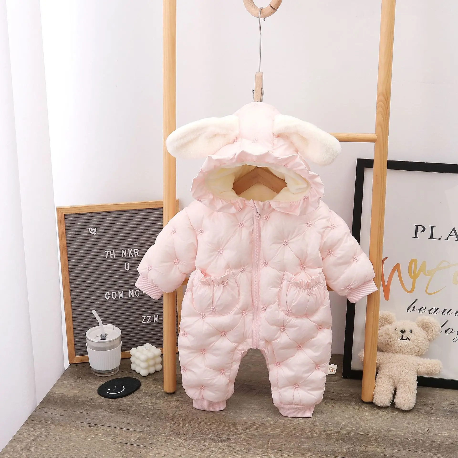 

New Born Baby Thicken Down Coats Winter Warm Solid Hooded Jacket Cute Rabbit Ear Autumn Girl Zipper Outerwear Infant Crawl Suit