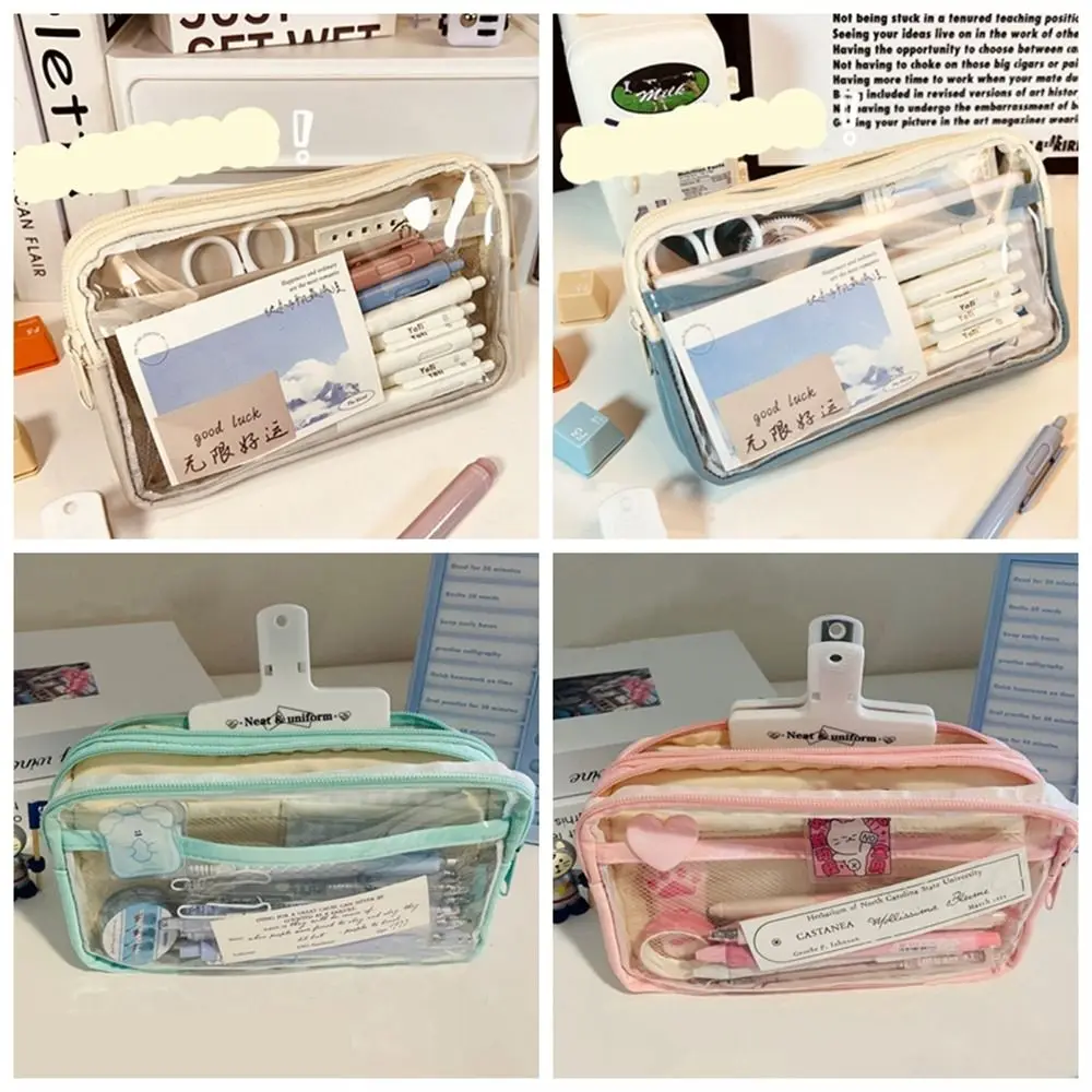 

Double Layers Pencil Bag Aesthetic Zipper Pouch Transparent Pencil Case INS Style Large Capacity Stationery Pouch Children