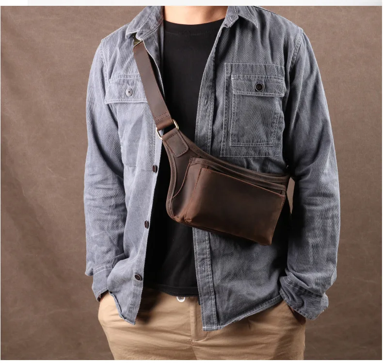

Men crazy horse leather mobile phone pocket waist bag outdoor leather diagonal cross shoulder chest bag cowhine