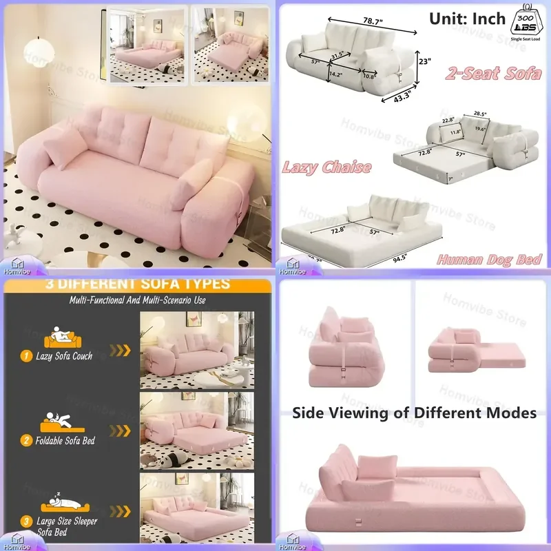 Foldable Lazy Sofa Bed Floor Sofa for Adults Kids 3 in 1 Convertible Sleeper Sofa No Assembly Pet Dog Bed Living Room Small