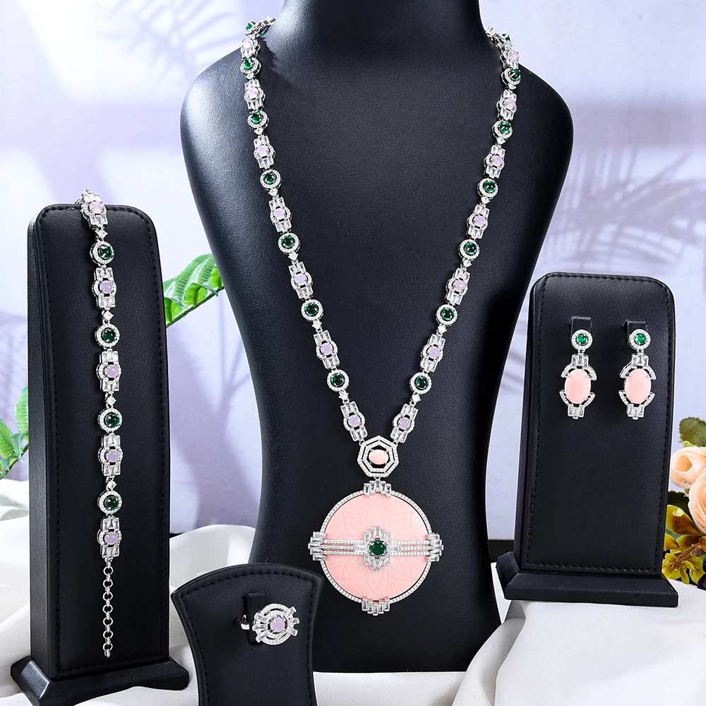 Luxury Gorgeous Shiny Bridal Necklace Bracelet Earrings Ring Jewelry set For Ladies Women Wedding African CZ Dubai Jewelry