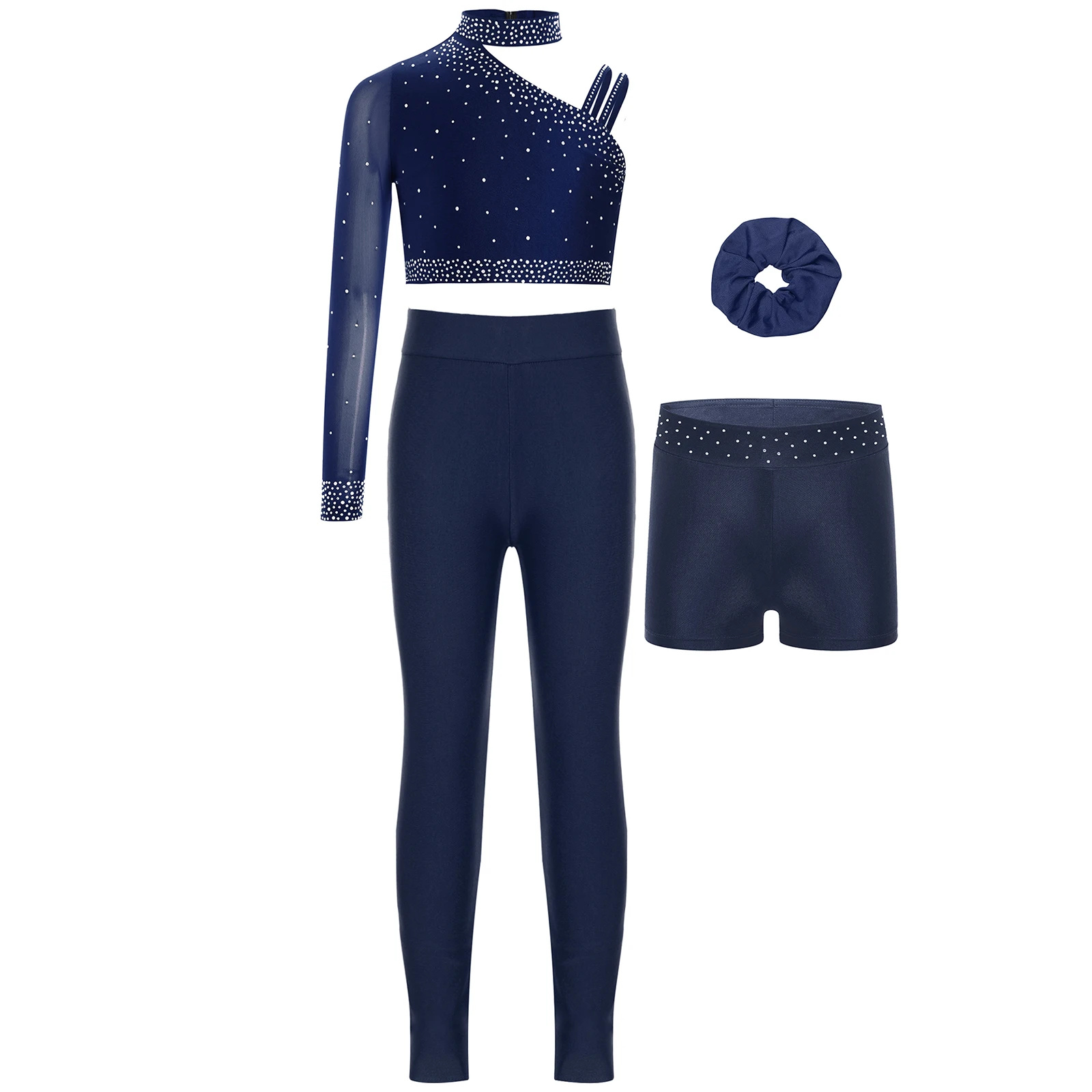 Girls Figure Skating Ballet Dance Gymnastics Outfit Unique Irregular Shoulder Rhinestones Crop Top with Shorts Hairband Leggings