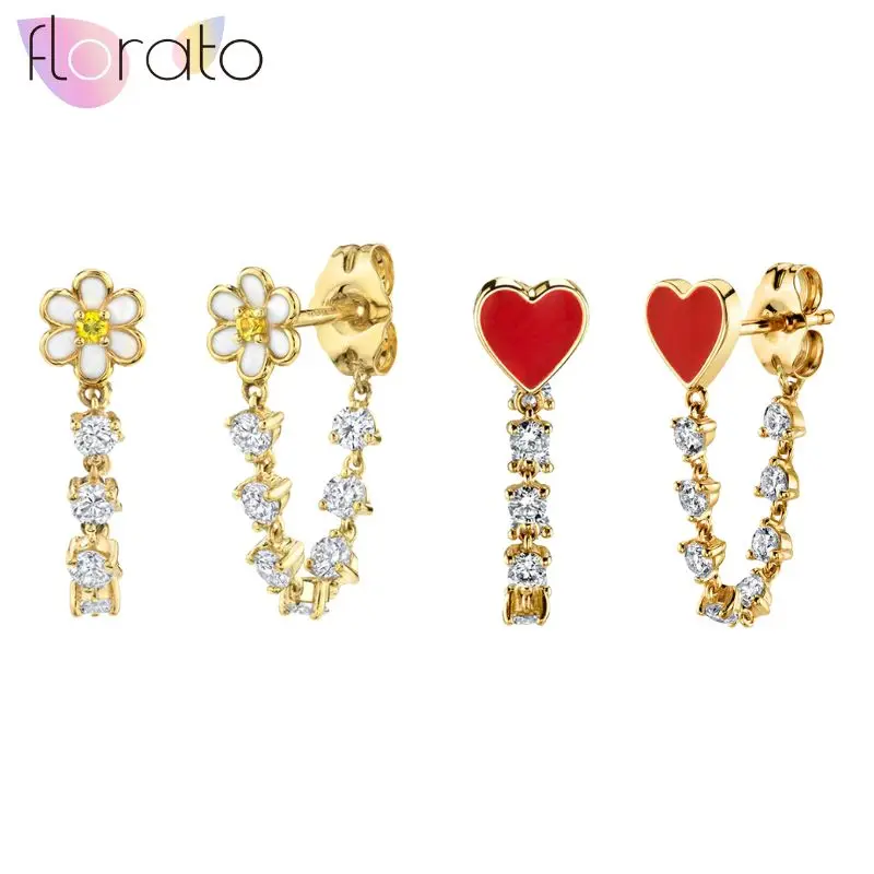 

925 Sterling Silver Needle Elegant Versatile Flower/heart-shaped Chain-set Zircon Stud Earrings Women's Wedding Party Jewelry