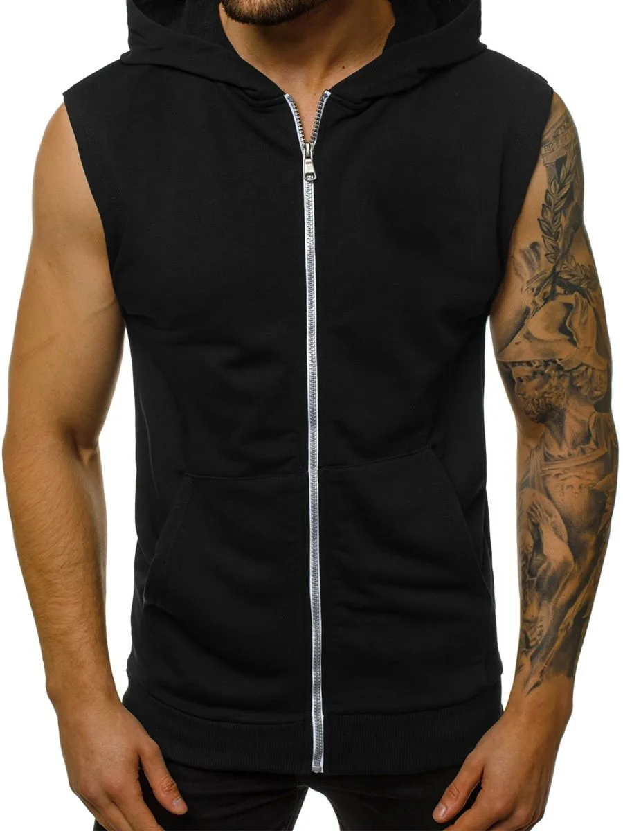 Wearing men\'s summer slim fashion fitness sports sleeveless vest, hooded cardigan jacket, trendy men