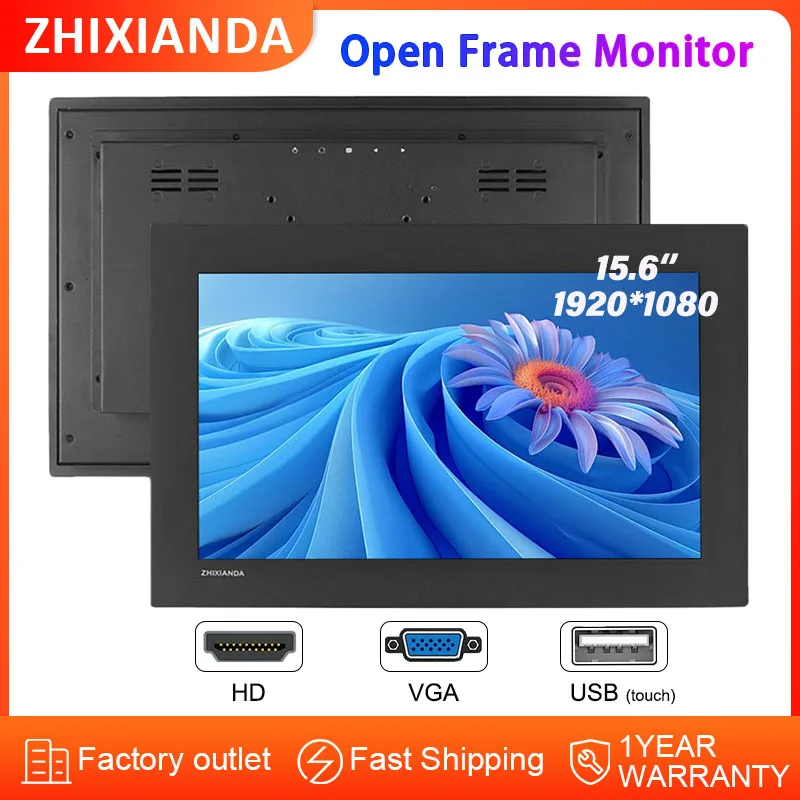 

ZHIXIANDA Industrial Grade 15.6 inch 1080P LCD Touch Display Metal Case Embedded Monitor for Machine Automation HD VGA DVI