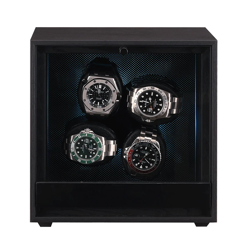 Embers Watch Winder 4 8 12 فتحات من الخشب الأسود الحبوب صندوق تخزين الساعات الأوتوماتيكية محرك Mabuchi مع ضوء RGB