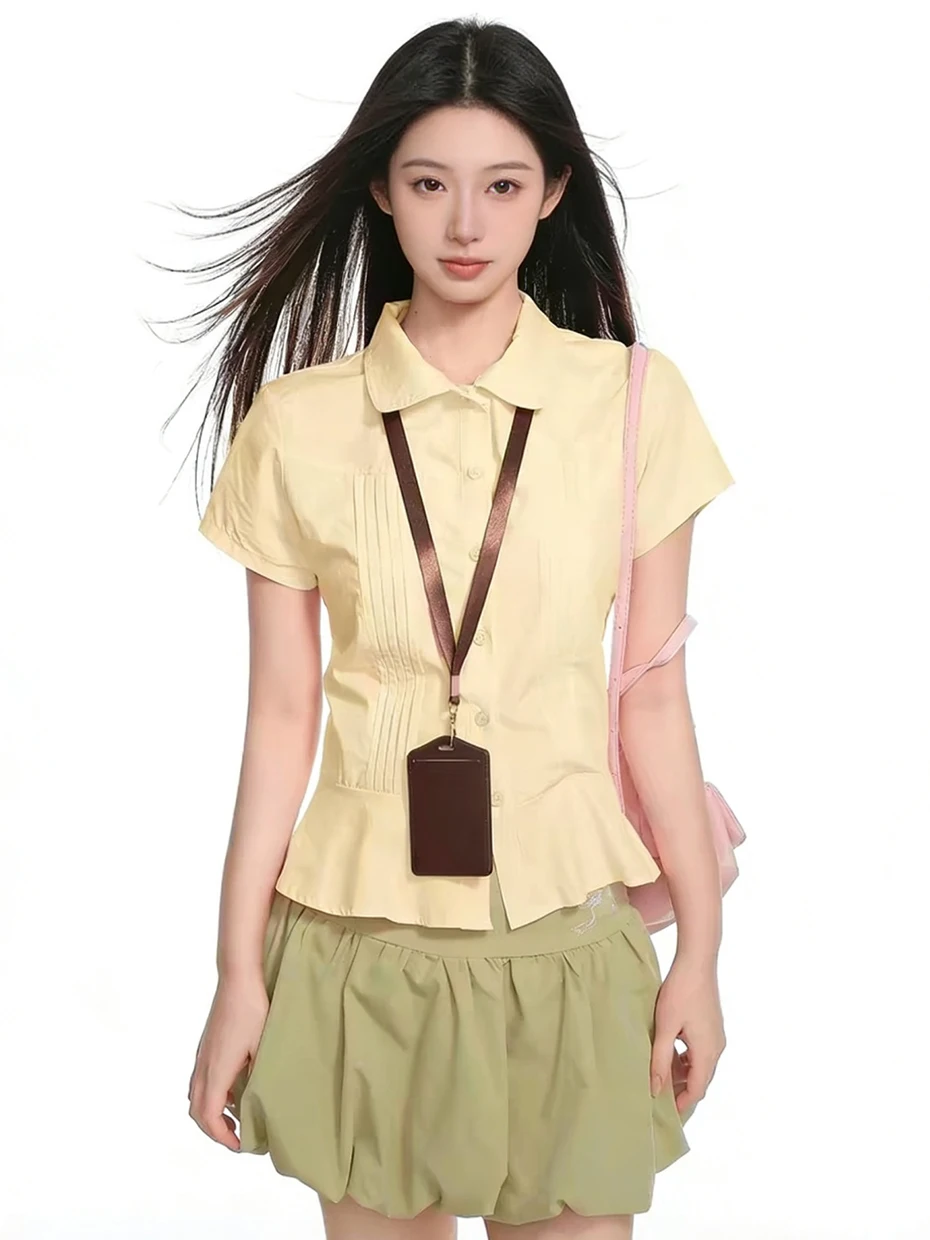 

Yellow Neck Short Sleeve Shirt Women's Summer Slim Fit Short Length Open Cardigan Top Korean Style Commute Fashion