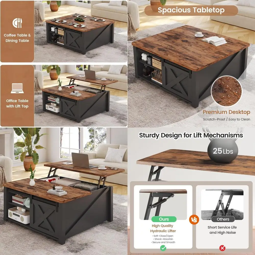 

31.5 Square Coffee Table with Storage, Living Room Furniture, Black, Large Hidden Compartment and Adjustable Shelves