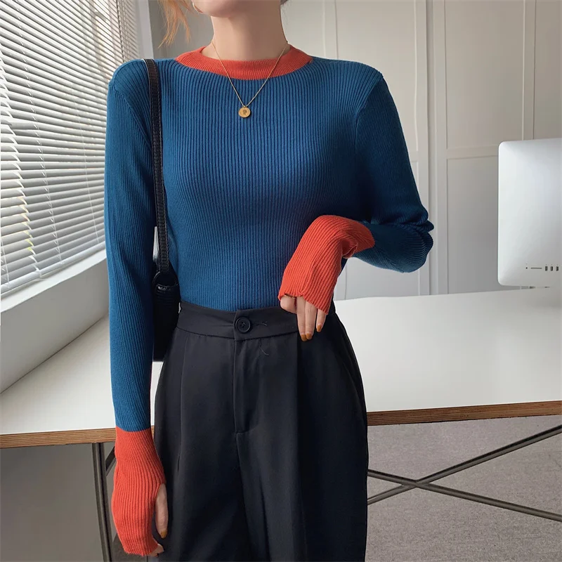 Seoulish Spring Half Turtleneck Colorblock Knitted Women\'s Sweater 2024 New Long Sleeve Bottoming Solid Sweater Female Slim Tops