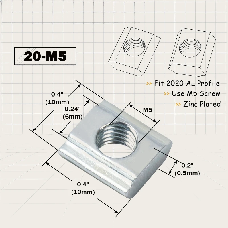 100pcs EU20 M3 M4 M5 M6 T Slide Nut Fastener Galvanized T-Slot Nuts for 20 Series Aluminum Extrusion Profile