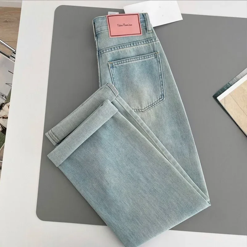 Jeans für Damen, Denim, weites Bein, gerade Hose, hohe Taille, Distressed, gewaschen, 2025, Streetwear, Taschen, Knopf in voller Länge