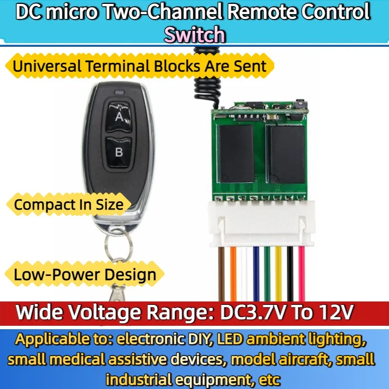 

RF Wireless Remote Control Switch DC3.7V ~ 12V Wide Voltage 2CH Receiver, Used For Computers/LED Lights/Oxygen Supply Equipment