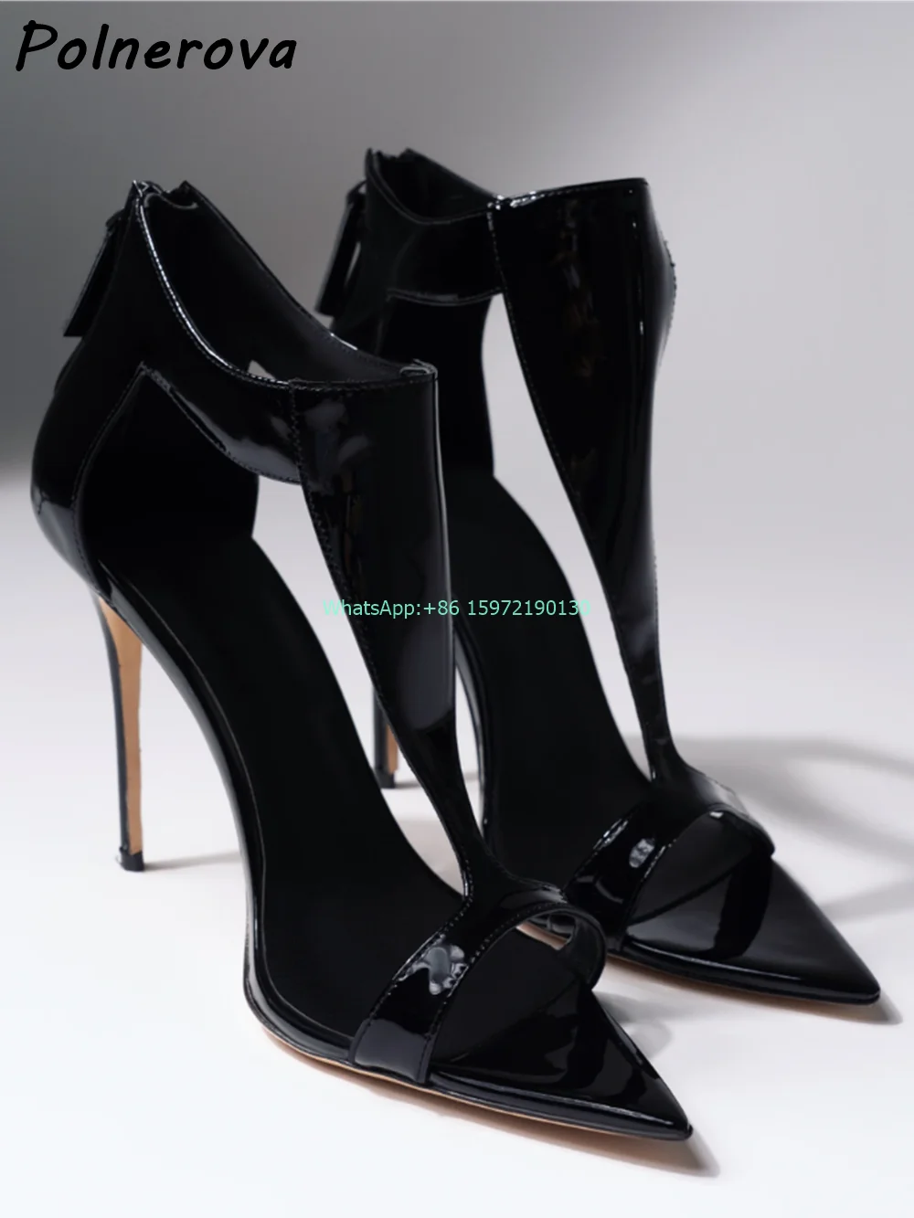 T-Strap Pointed Open Toe Sandals Thin Heels Zipper Patent Leather Solid Black Cushion Insole Shoes Ladies Sexy Stiletto Shoes