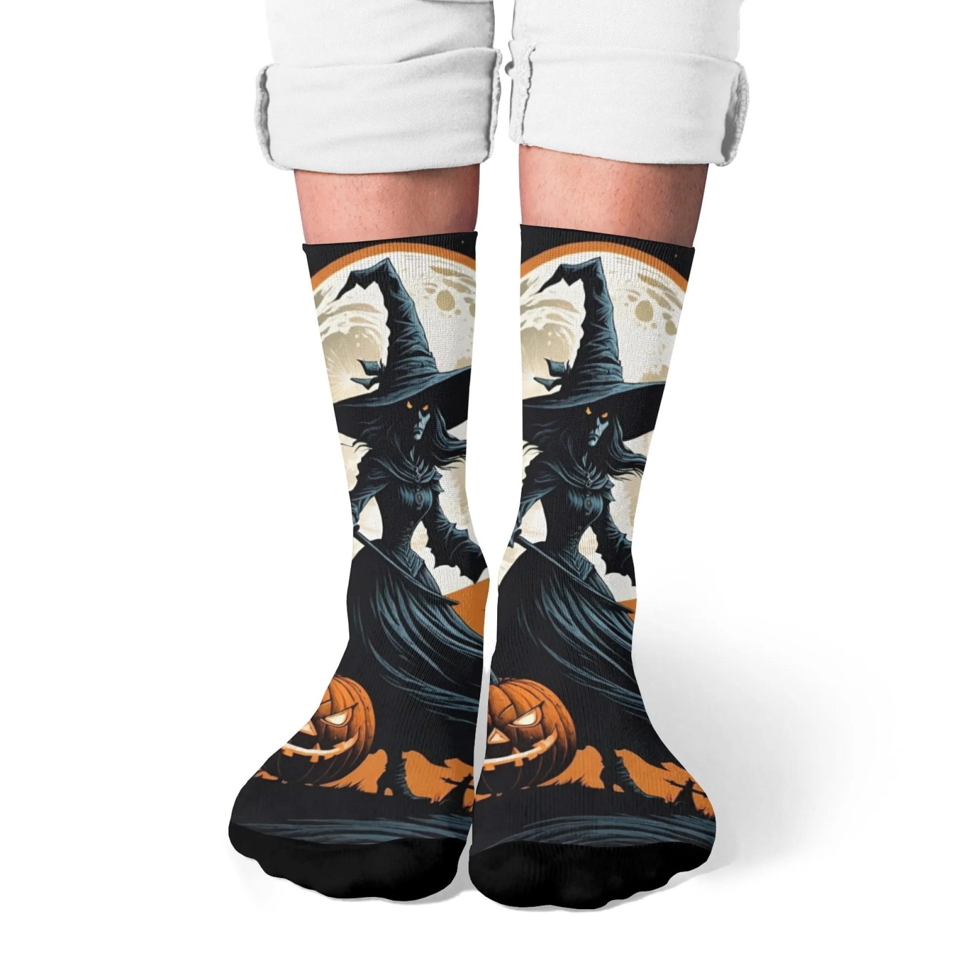 

Halloween Witch, Pumpkin & Moon Print Crew Socks with Spooky Festive Design Enchanting for Halloween Parties & Costume Ensembles