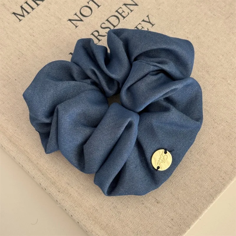 Simple and Elegant Gold Label Denim Blue Fresh Women\'s Solid Fabric Hair Band High Head Cap Band Large Intestine Ring Hair Ring