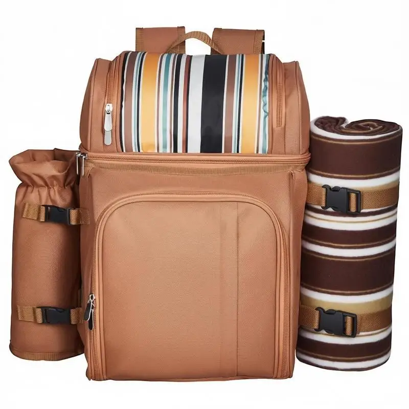 

Picnic backpack/bag (25 L) for 4 people with insulated and cooler compartment, removable bottle/wine holder, lightweight blanket, plate and cutlery set for hiking and camping, brown