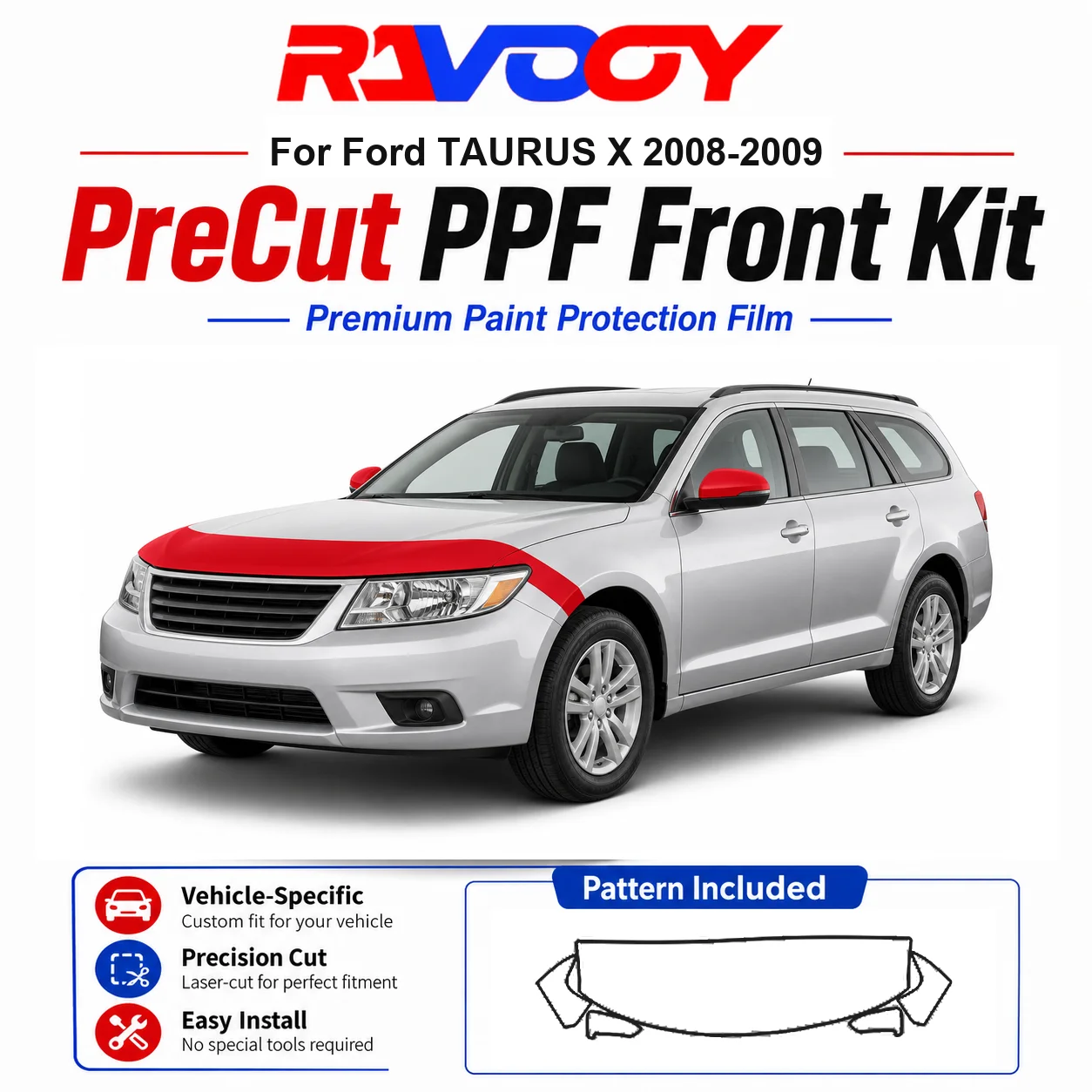 

8.5mil TPU Precut PPF Kit For Ford TAURUS X 2008-2009 - Hood, Fenders & Mirror Set - Self-Healing Clear Bra Film