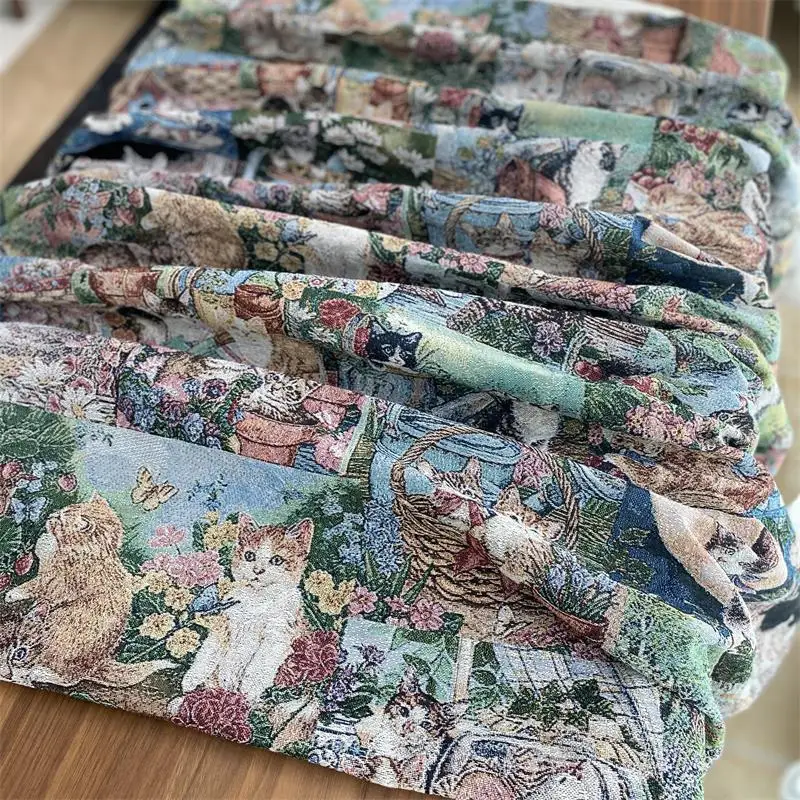 Catone Cat Lovely Idyllic Table Fabric Cloth Yarn-Dyed Jacquard Diy Tablecloth Table Curtain Clothing Skirt Fabrics 150x100cm