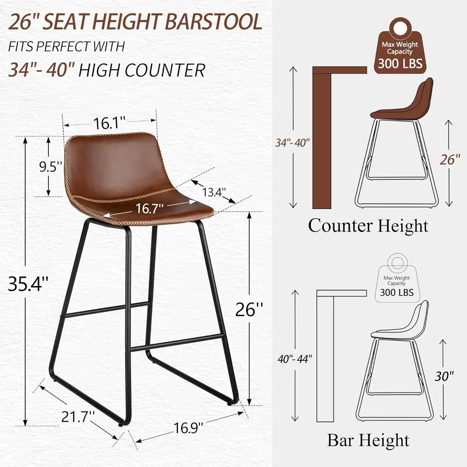 Counter Height Bar Stools Set of 3, Brown Barstools with Back Support 26 Inch Faux Leather Bar Stools for Kitchen Island