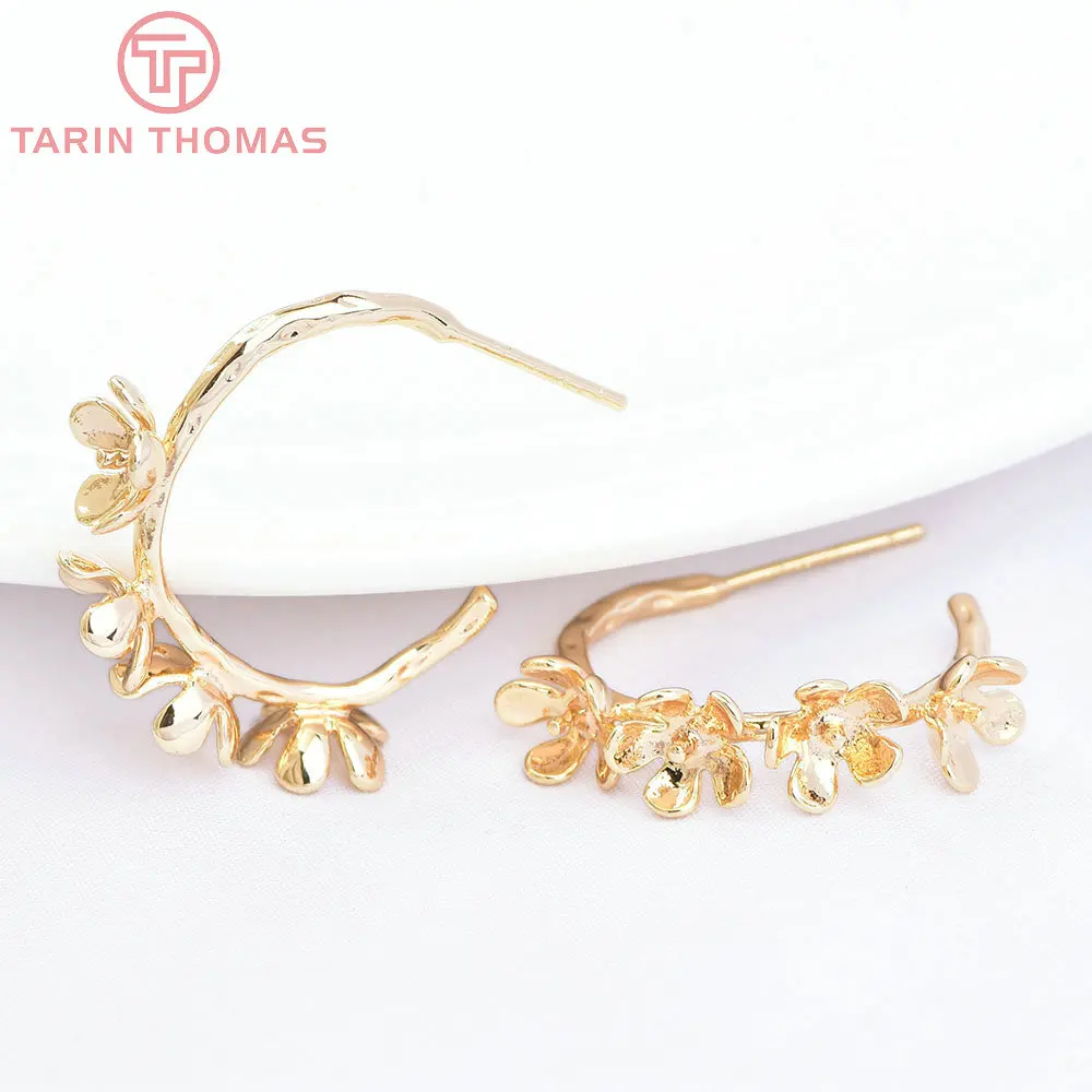 (7163) 6PCS 28x26MM 24K Gold Color Brass Garlands Shaped Stud Earrings High Quality Diy Jewelry Findings Accessories Wholesale