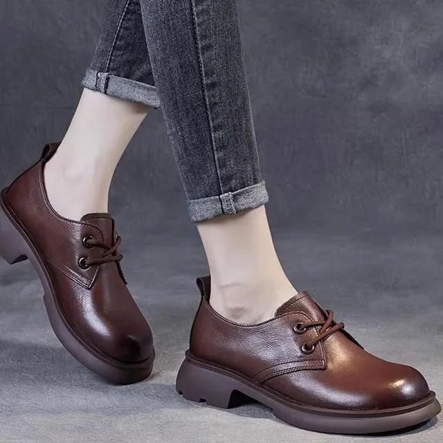 

British Style Soft Bottom College Style Knotting Leatherette Loafers Women's Fashion Single Shoes round Toe mid Heel Rubber Sole