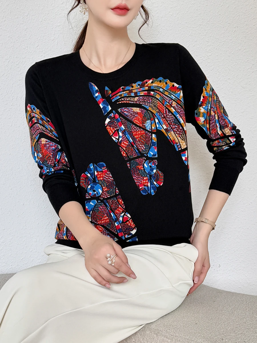 

Новый осенне-зимний повседневный вязаный свитер, женский пуловер, свитера, свободный джемпер с круглым вырезом и длинными рукавами, женский свитер с принтом