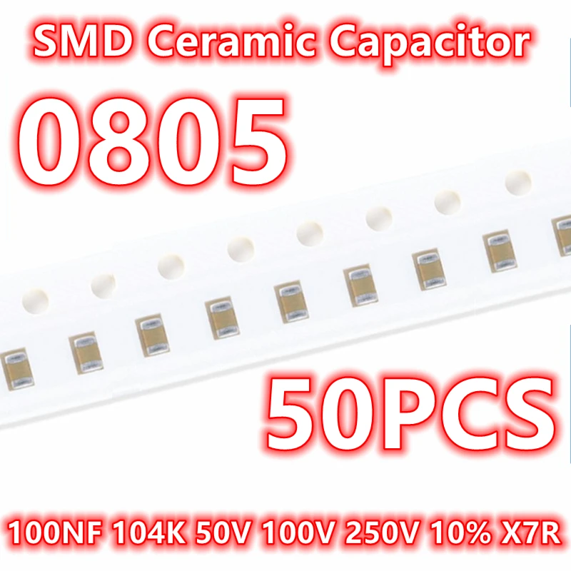 Capacitor cerâmico original de X7R SMD, 0805, 100NF, 104K, 50V, 100V, 250V, 10%, IC 2012, 50Pcs