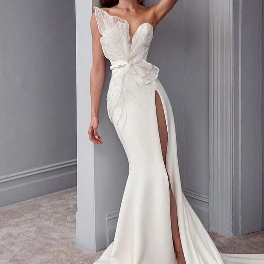 

Luxury Welove Customized Strapless Prom Dress Sexy Mermaid Sleeveless High Slit Floor Length Women Formal Evening Gowns New