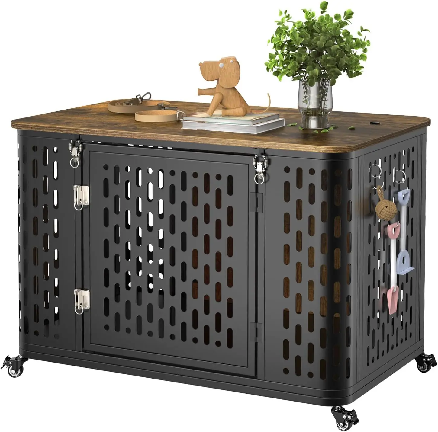 

Dog Crate with Cushion, 38' Wood Heavy Duty Dog Crate Furniture with Flip Top & Wheels for High