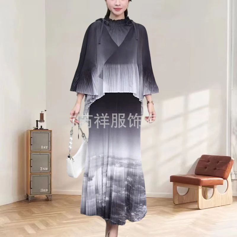 

Miyake Pleated Skirt Set Plisse Gradient Drawstring Fold High Waist 2025 Summer Pleat Flowy Thin Plus Size Pleats Women Clothing