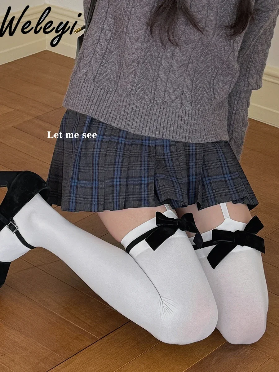 Japanese Girl Jirai Kei Bow Suspender High Tube Knee Socks Women Original Subculture Women's Striped Velvet White Silk Stockings