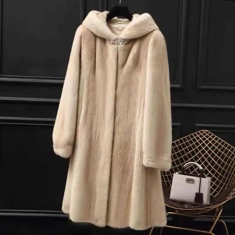 2024 Winter New Middle Age Fox Fur Grass Imitation Mid Length Mother Parker Coat Thick Hooded Warm Mink Fleece Jacket Y188