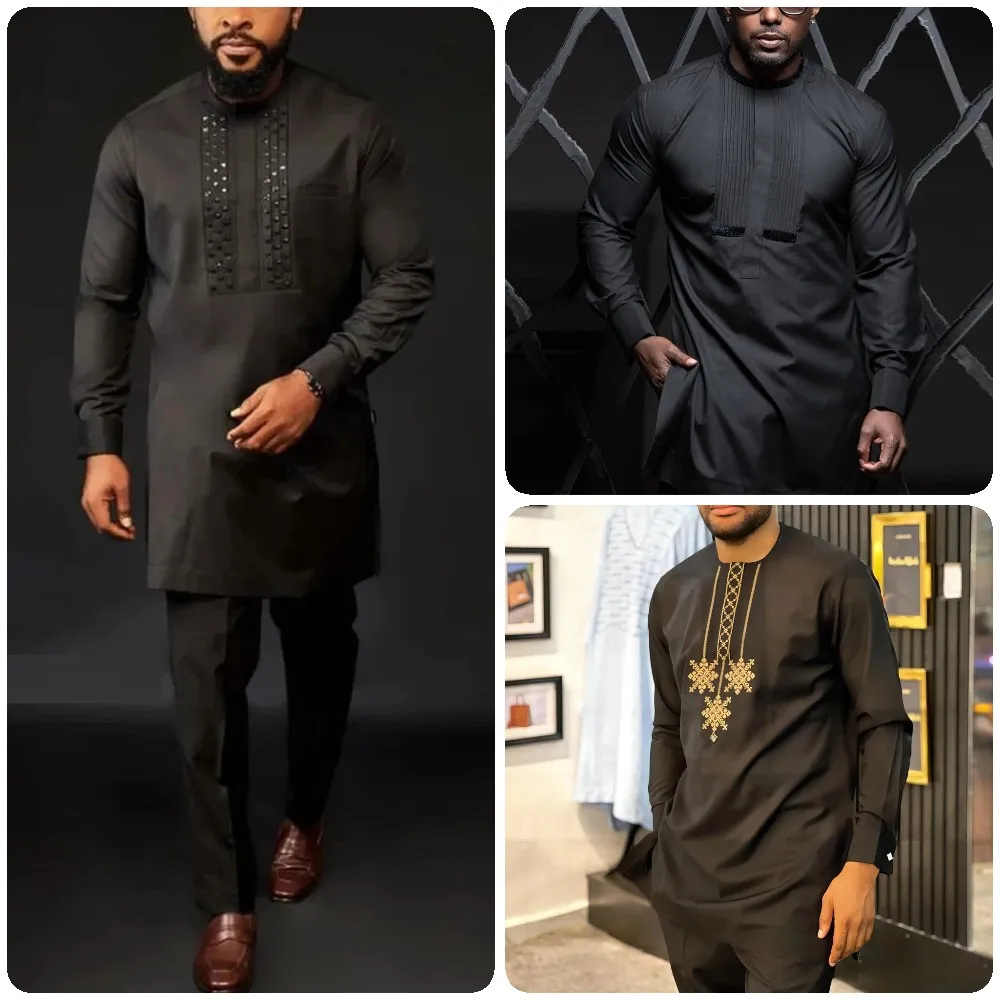 Men\'s New Traditional Native Wears Mens Long Sleeves Outfit Embroidered Modern Dashiki Shirt & Pants Wedding Dress For Men
