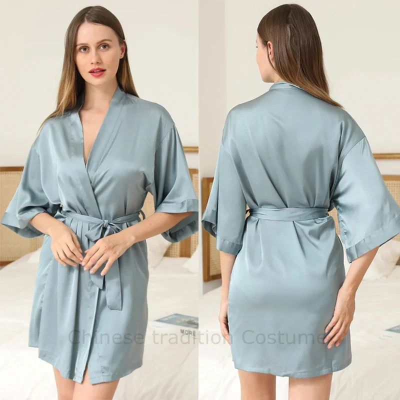 Bata de novia blanca para mujer, ropa de dormir de manga 3/4, camisón suelto de seda satinada, Kimono, albornoz, lencería