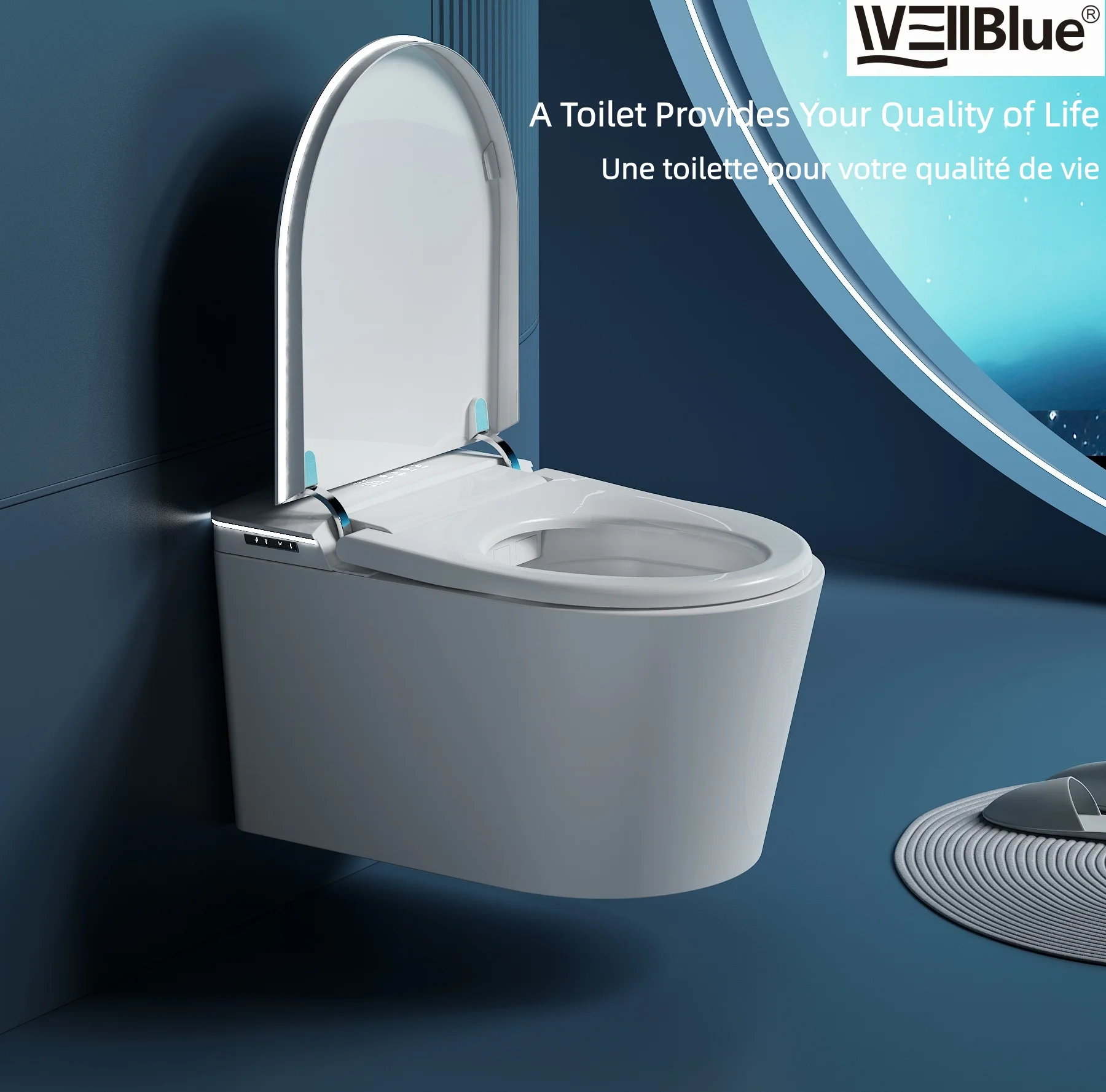 WELLBLUE Intelligente Wandhangende Toilet met Afstandsbediening, Volledig Automatische Verwarming, Sifon Spoeling en Ingebouwde Watertank