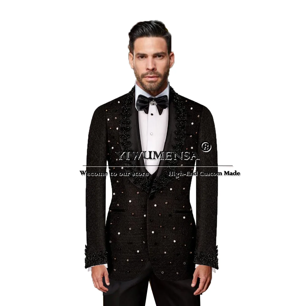 Exquisite Suits Men For Wedding Handmade Pearls Beading Floral Pattern Groom Wear Tuxedo Man Formal Party Clothing Costume Homme