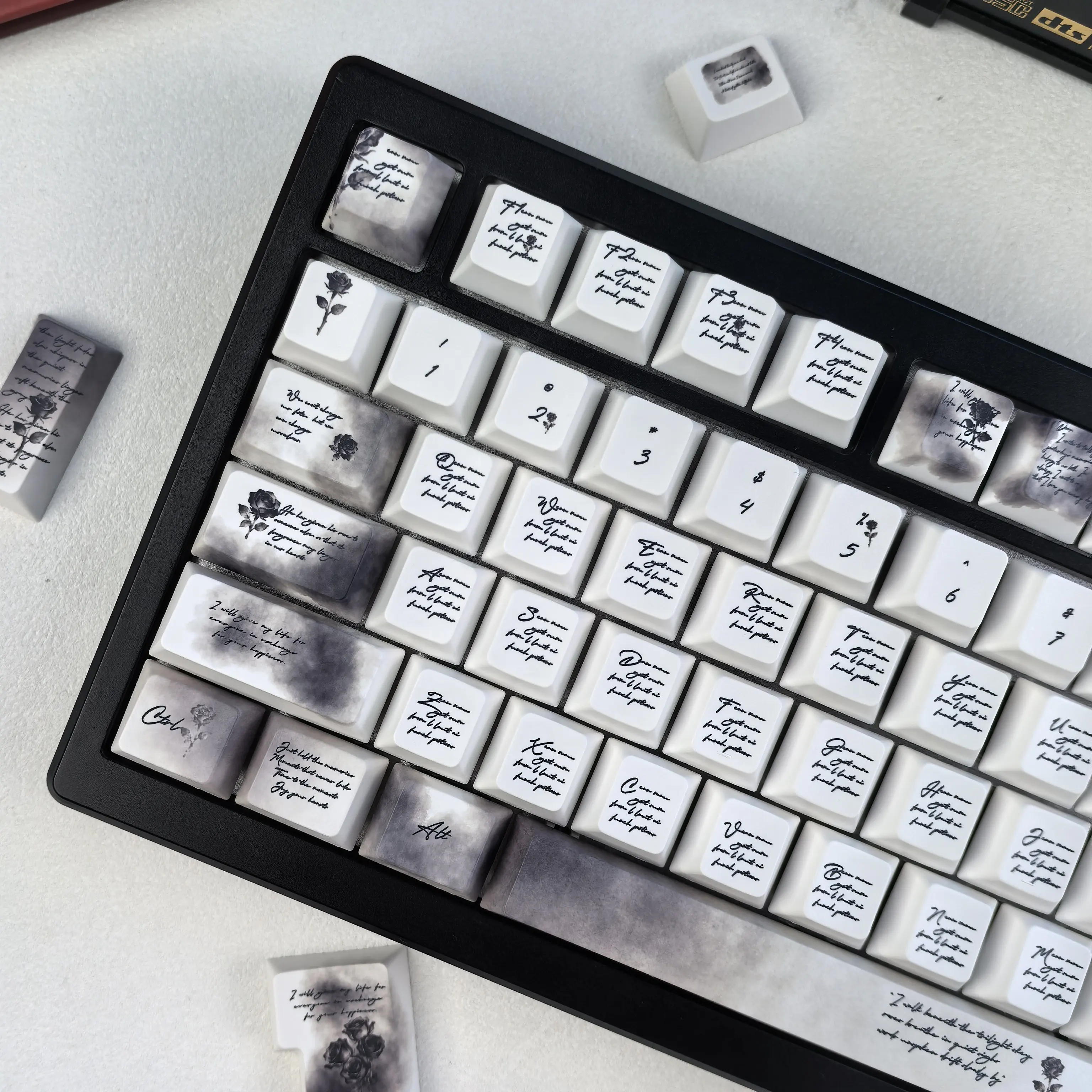 MAIMOOO Black Rose Keycaps Black White Handwritten Cherry Moa PBT Thermal Sublimation Aula Ajazz Keyboard Keycap