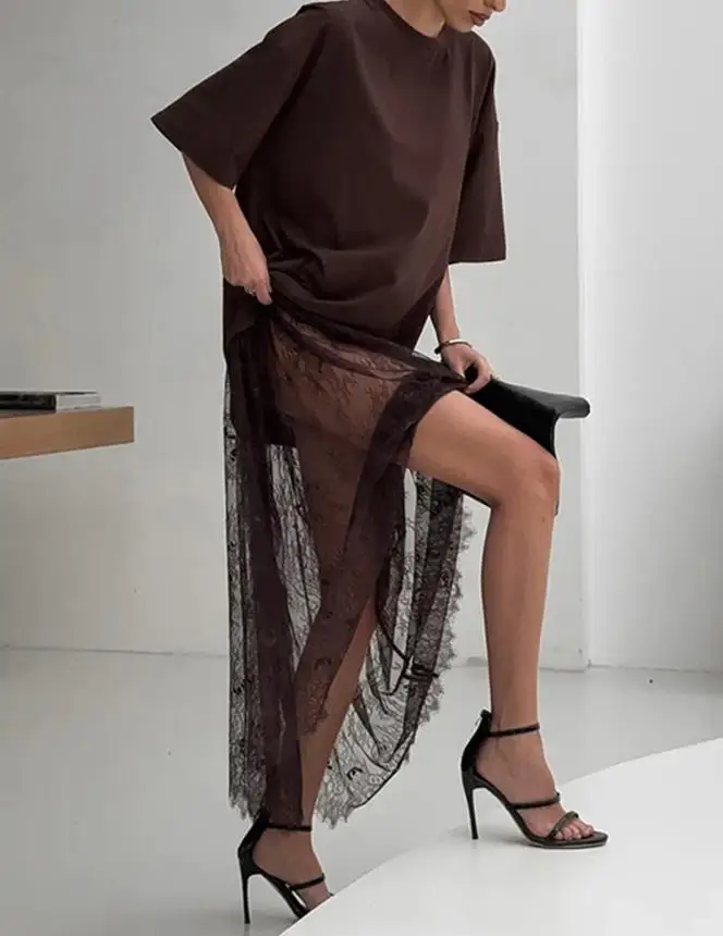 

Womens Dresses 2025 Spring New Solid Color Short Sleeve Round Neck Lace Hem T-Shirt Dress Caual Loose Fit Daily Maxi Dress