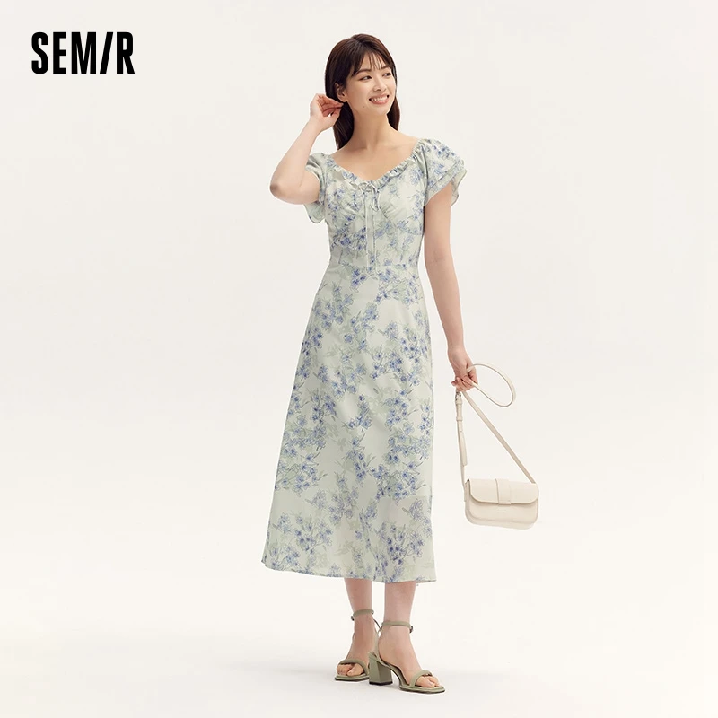 Semir Dress Vrouwen Vierkante Halslijn Met Ruches En Korte Fladdermouw 2024 Zomer Nieuwe Frisse En Delicate Chiffon Gebloemde Jurk