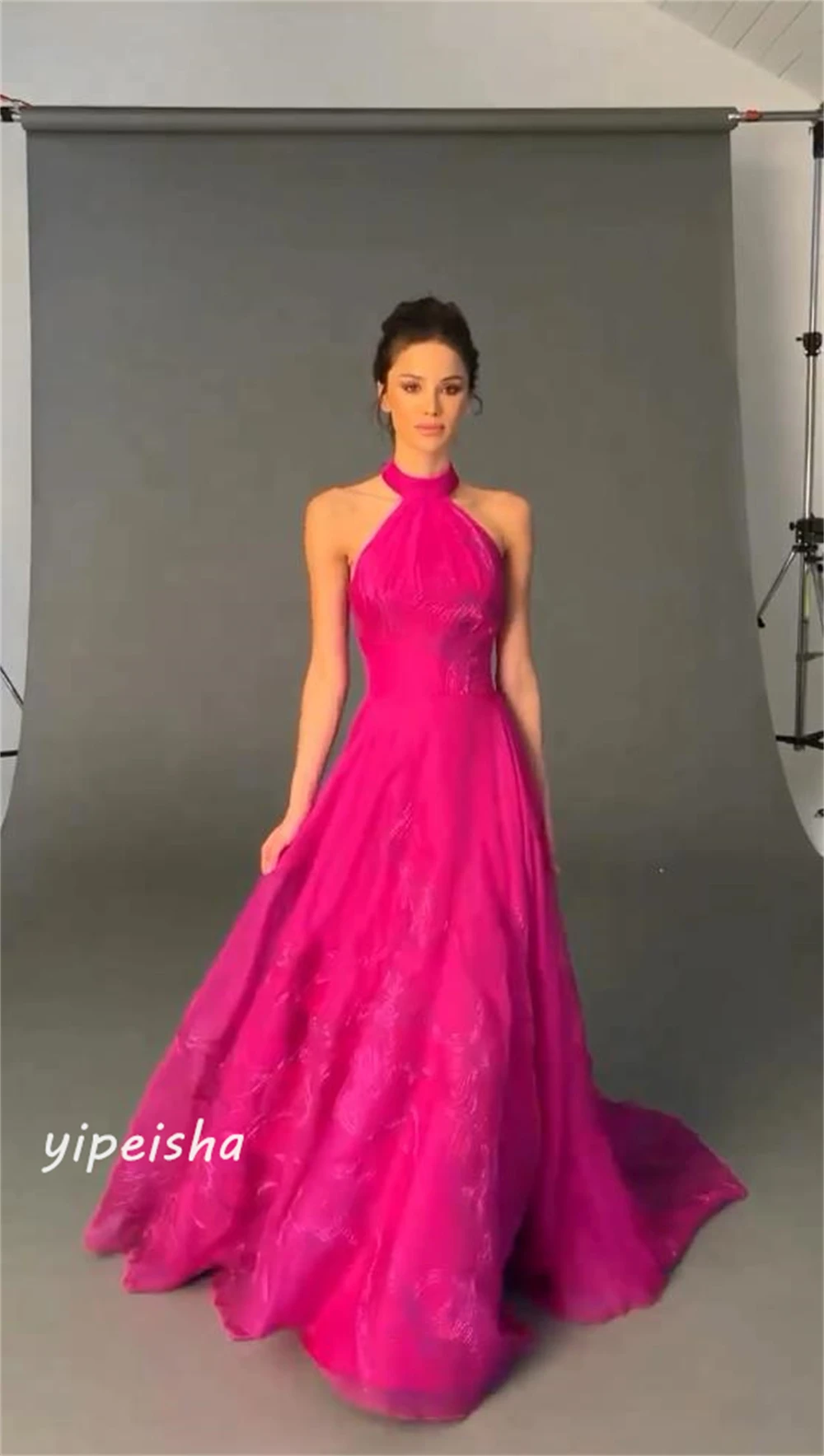 Vestido largo de gasa con apliques fruncidos para el Día de San Valentín, vestido de ocasión a medida con cuello Halter, línea A