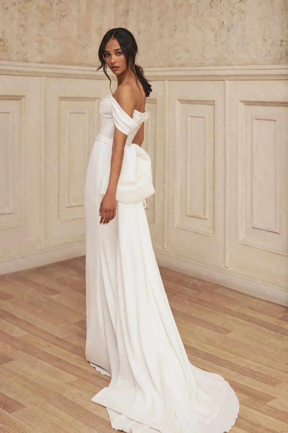 Modern Simple Wedding Dress White Mermaid Bridal Gowns 2024 Off Shoulder Bride Dresses Big Bow Belt Boho Wedding Gowns Beach