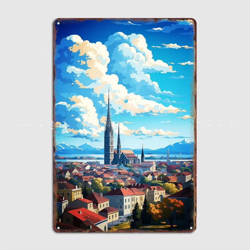 

Zagreb Oil Painting Travel Scenic Spot Retro Poster Metal Sign Club Indoor Room Wall Decor Custom Posters Home Decor