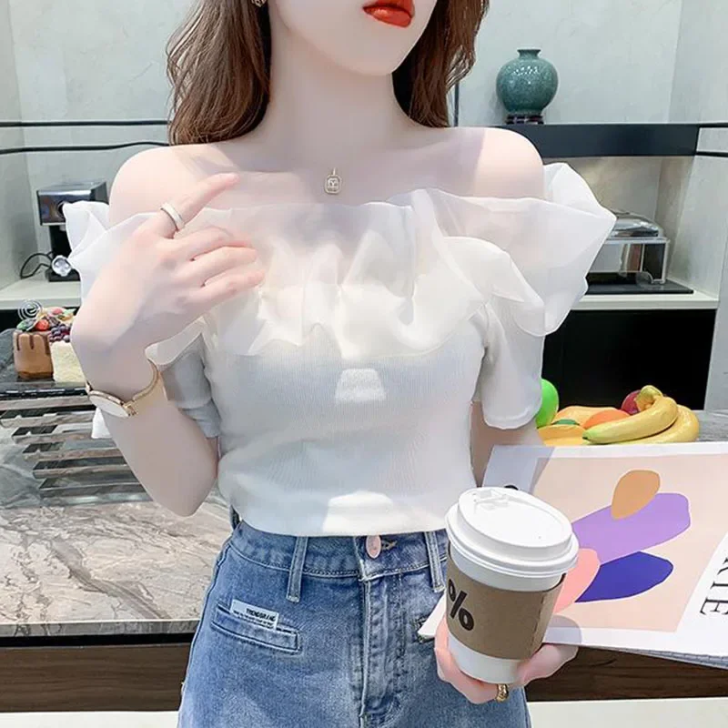 2023 New Summer Off Shoulder Short Sleeve T Shirt Women Sexy Mesh Patchwork Ruffles White Tops Woman Korean Slim Chic T-Shirt