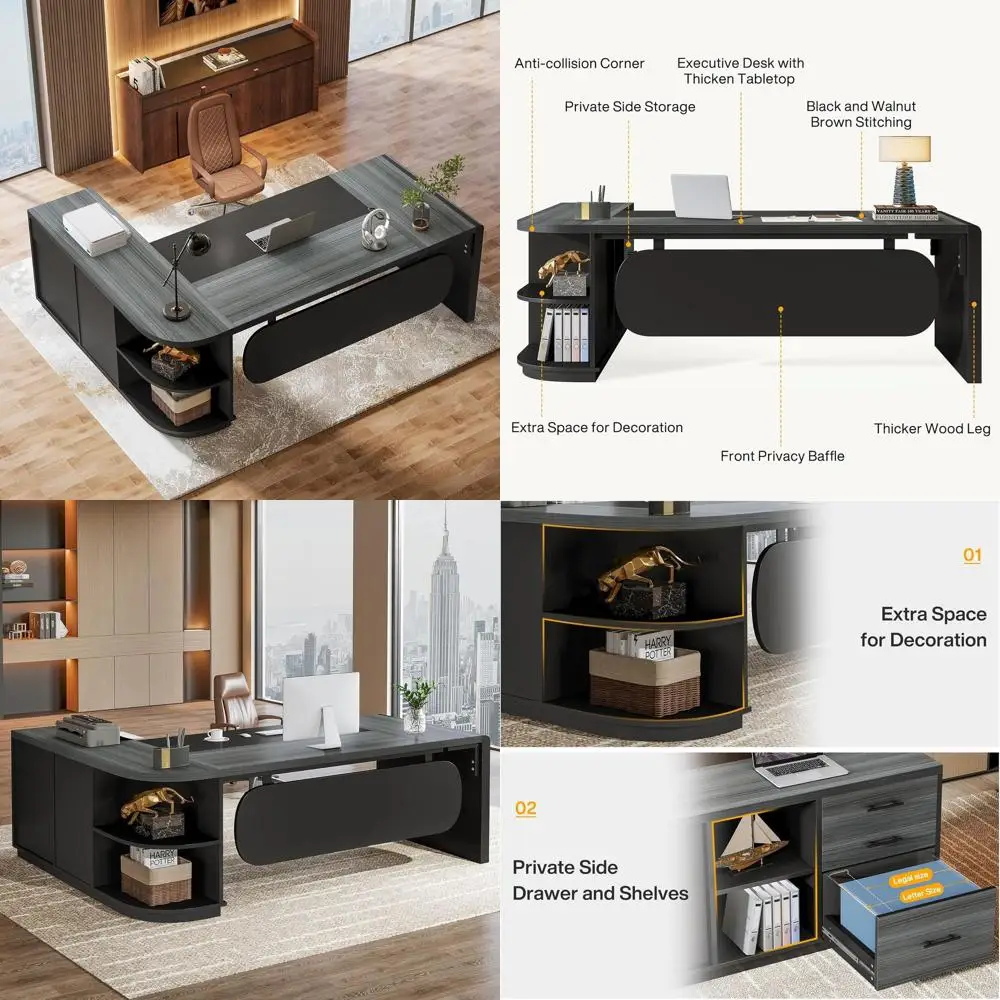 

Комплект L-образного стола 80 дюймов, большой офисный стол из 4 частей с выдвижным шкафом 55 дюймов, компьютерный стол с полками для хранения, серый