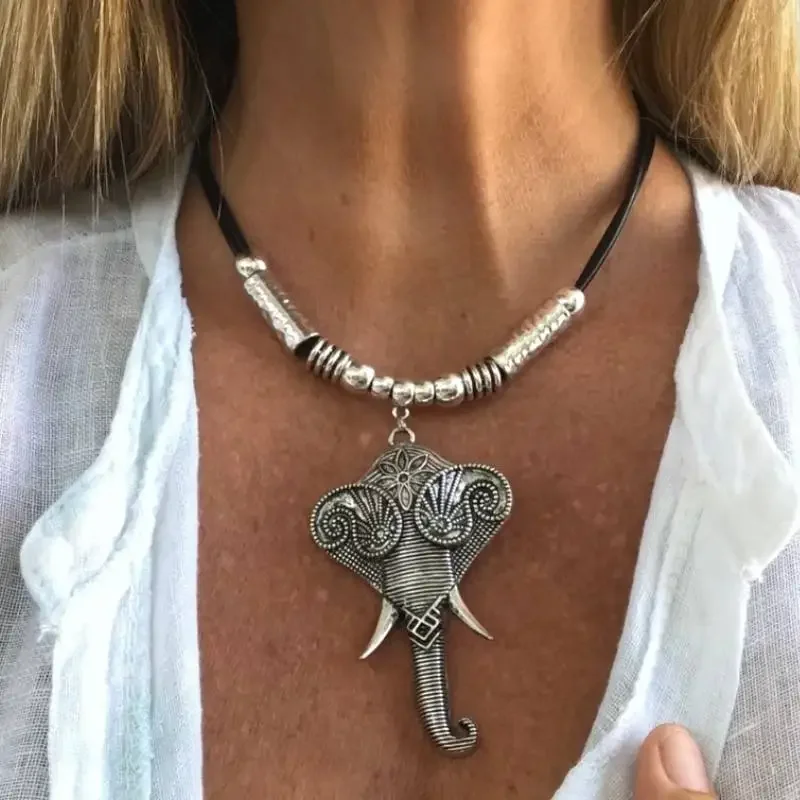 Pendant Leather Choker Elephant Necklace